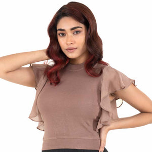 Hosiery Blouses- Flutter Sleeves - Light Brown - Blouse featured
