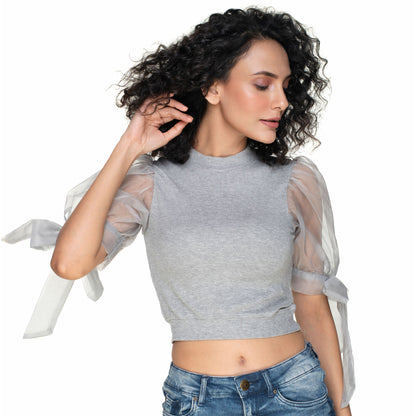 Hosiery Blouses- Bow Tie Up Sleeves - Light grey - Blouse featured