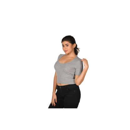 Hosiery Blouse- Regular Deep Round Neck - Light Grey - Blouse featured