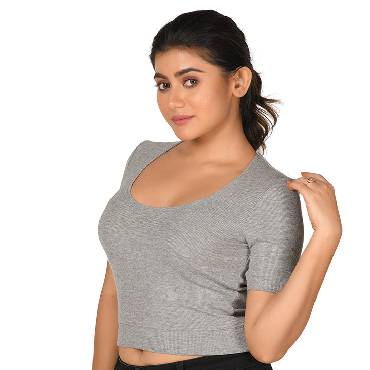 Hosiery Blouse- Regular Deep Round Neck - Light Grey - Blouse featured