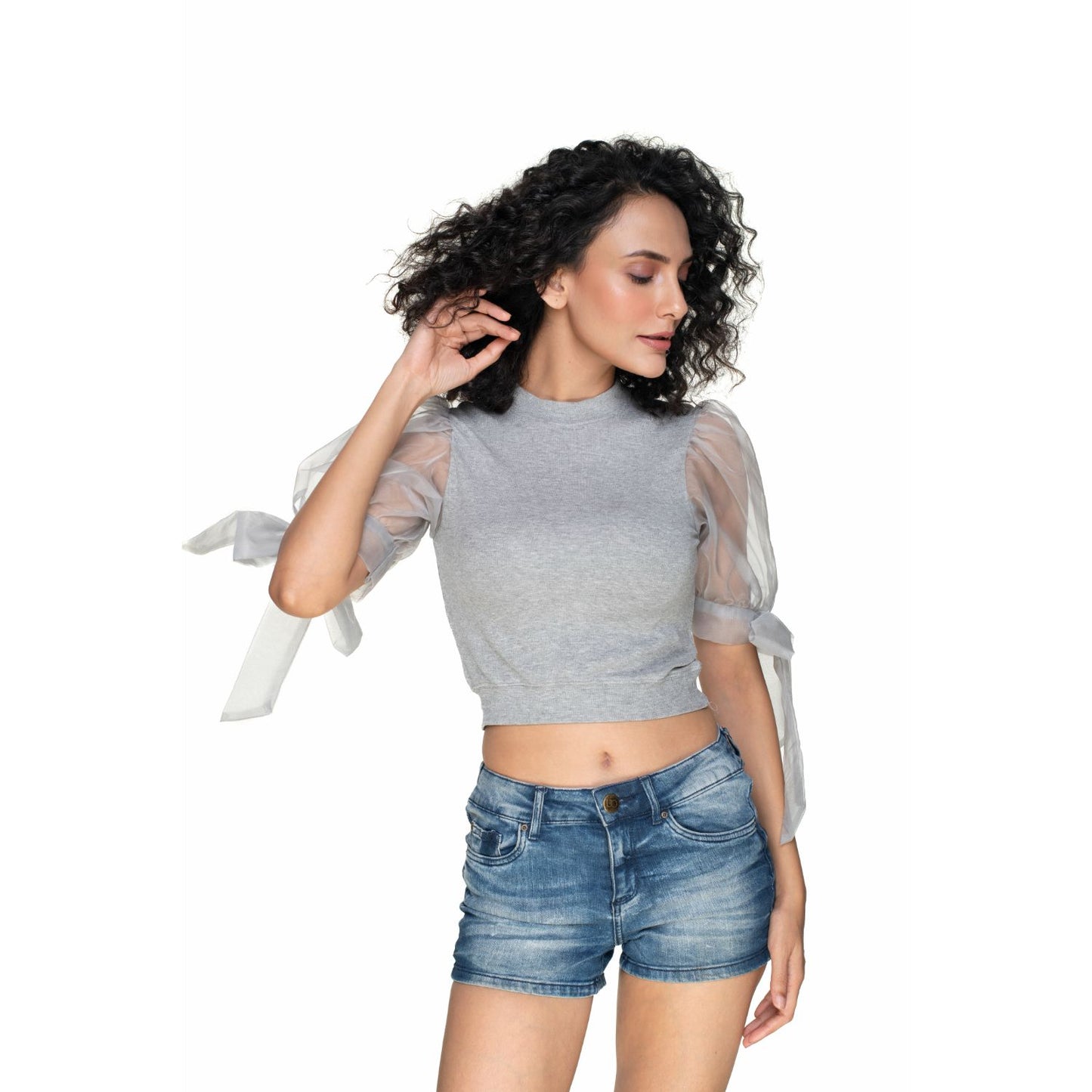 Hosiery Blouses- Bow Tie Up Sleeves - Light grey - Blouse featured