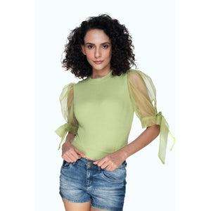 Hosiery Blouses- Bow Tie Up Sleeves - Lime Green - Blouse featured