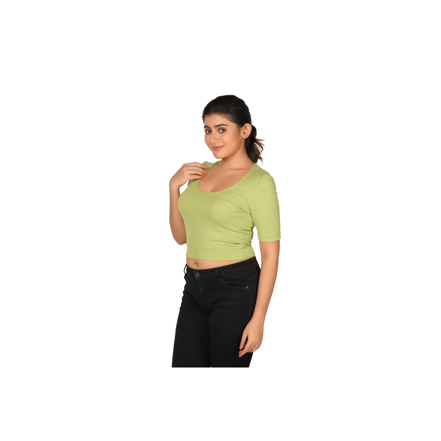 Hosiery Blouse- Regular Deep Round Neck - Lime Green - Blouse featured