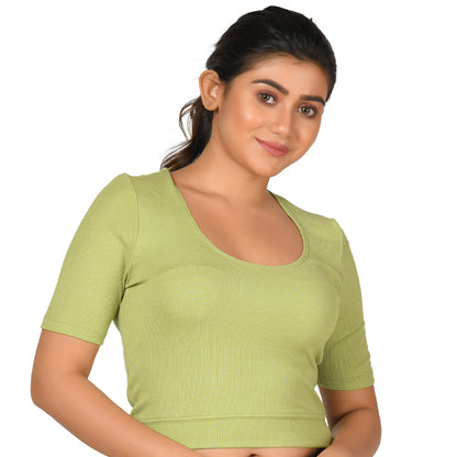 Hosiery Blouse- Regular Deep Round Neck - Lime Green - Blouse featured