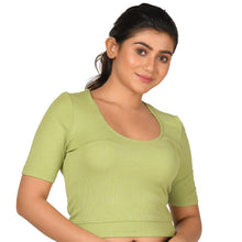 Load image into Gallery viewer, Hosiery Blouse- Regular Deep Round Neck - Lime Green - Blouse featured