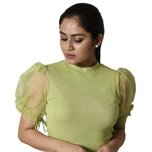 Hosiery Blouses with Puffy Organza Sleeves - Lime Green - Blouse featured