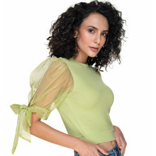 Load image into Gallery viewer, Hosiery Blouses- Bow Tie Up Sleeves - Lime Green - Blouse featured