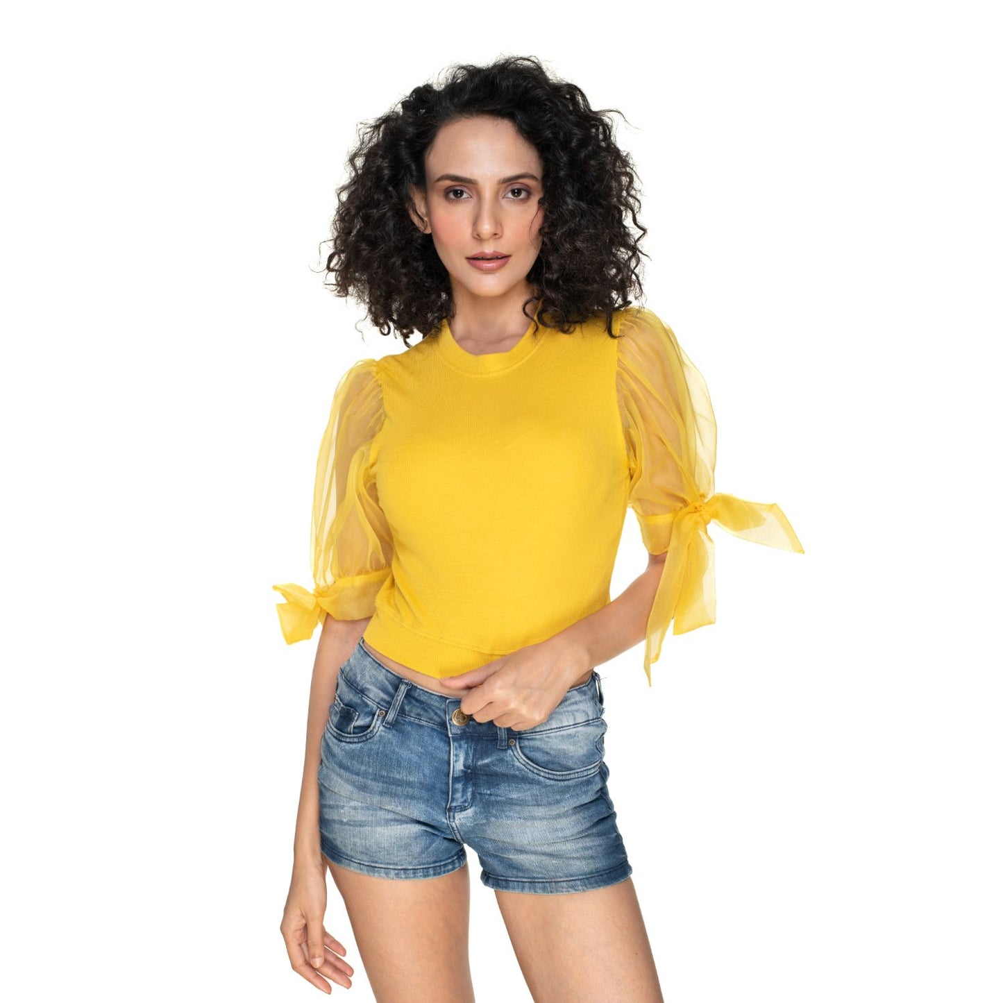 Hosiery Blouses- Bow Tie Up Sleeves - Mango Yellow - Blouse featured