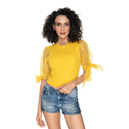 Hosiery Blouses- Bow Tie Up Sleeves - Mango Yellow - Blouse featured