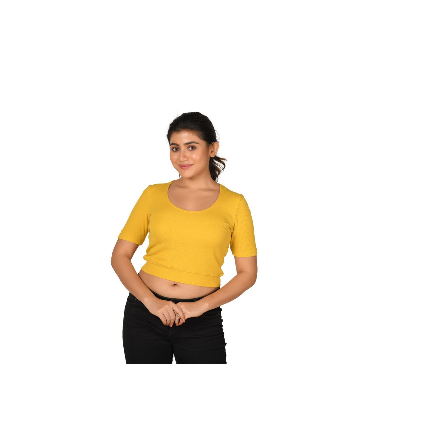 Hosiery Blouse- Regular Deep Round Neck - Mango Yellow - Blouse featured