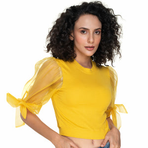 Hosiery Blouses- Bow Tie Up Sleeves - Mango Yellow - Blouse featured