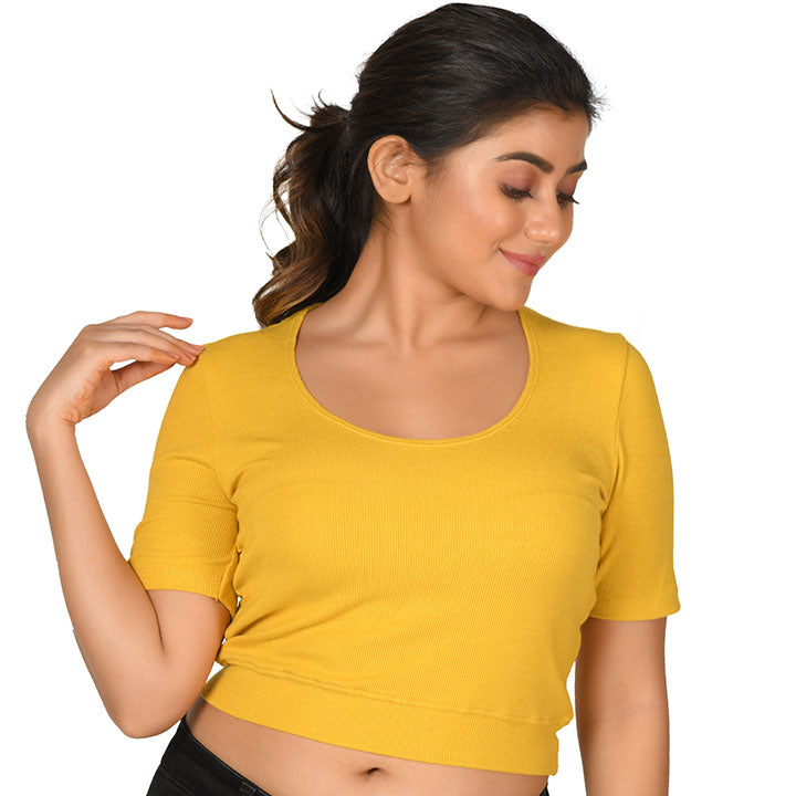 Hosiery Blouse- Regular Deep Round Neck - Mango Yellow - Blouse featured