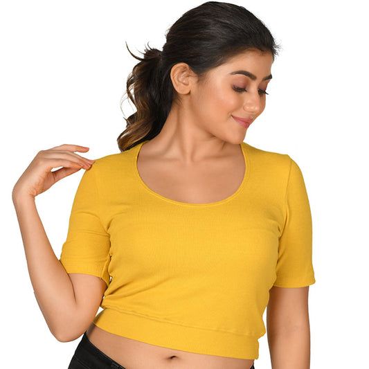 Hosiery Blouse- Regular Deep Round Neck - Mango Yellow - Blouse featured