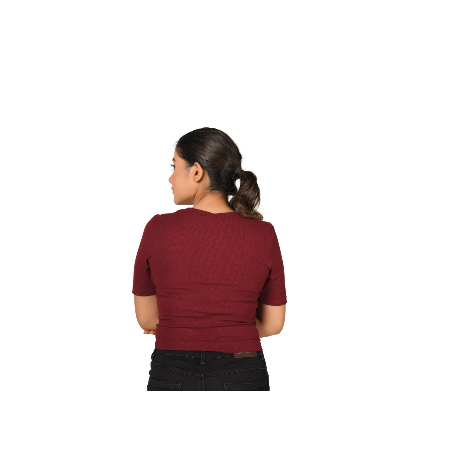Hosiery Blouse- Regular Deep Round Neck - Maroon - Blouse featured