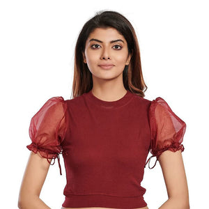 Hosiery Blouses with Puffy Organza Sleeves - Maroon - Blouse featured