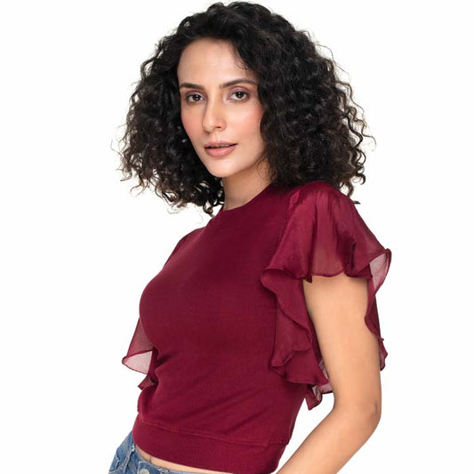 Hosiery Blouses- Flutter Sleeves - Maroon - Blouse featured