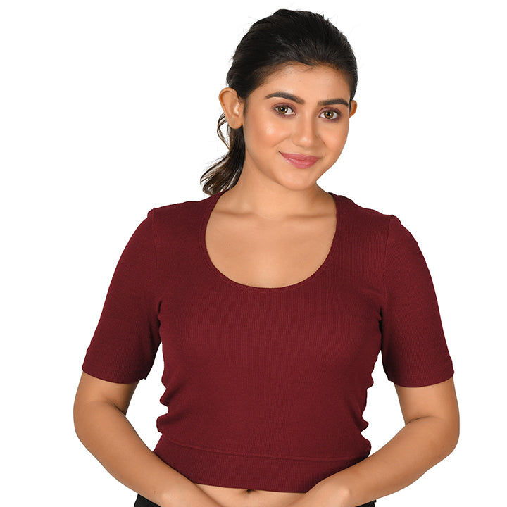 Hosiery Blouse- Regular Deep Round Neck - Maroon - Blouse featured