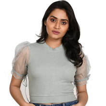 Load image into Gallery viewer, Hosiery Blouses with Puffy Organza Sleeves - Mint Green - Blouse featured