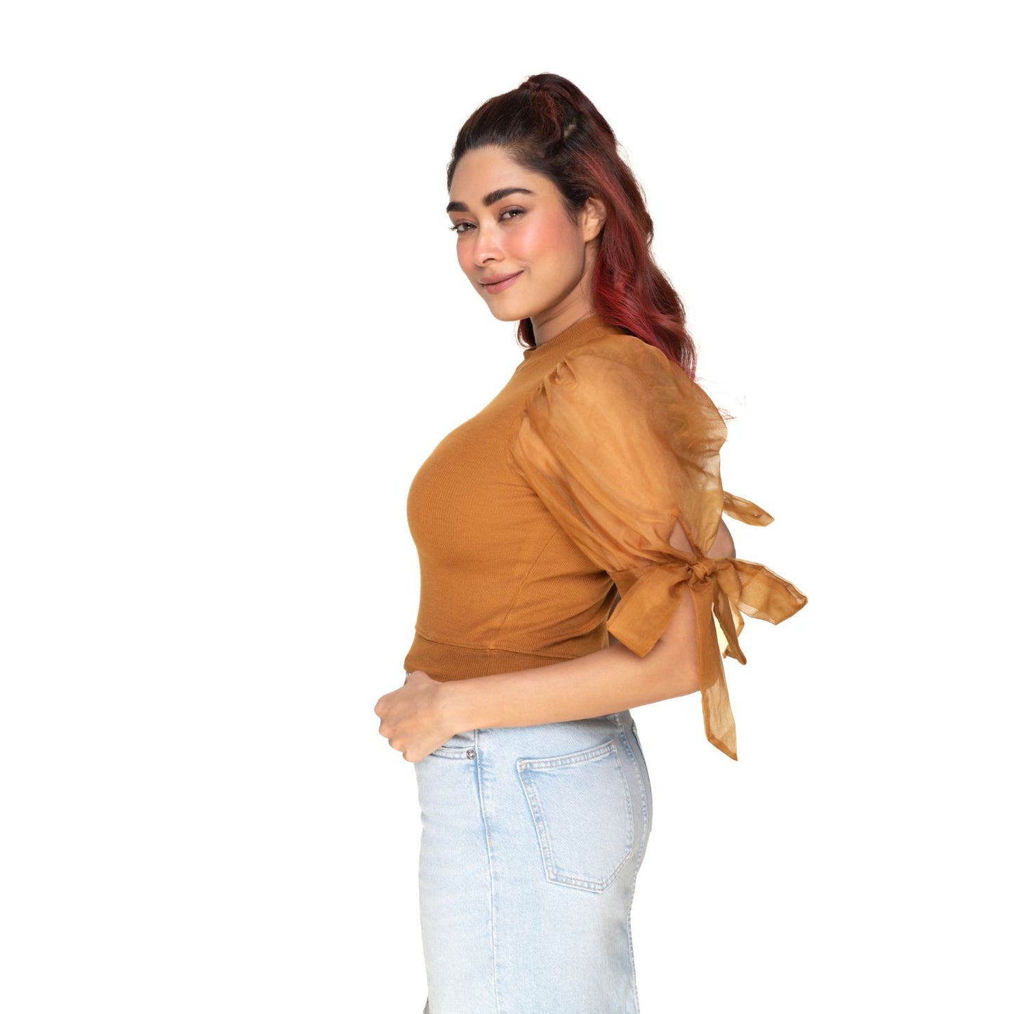 Hosiery Blouses- Bow Tie Up Sleeves - Mustard - Blouse featured