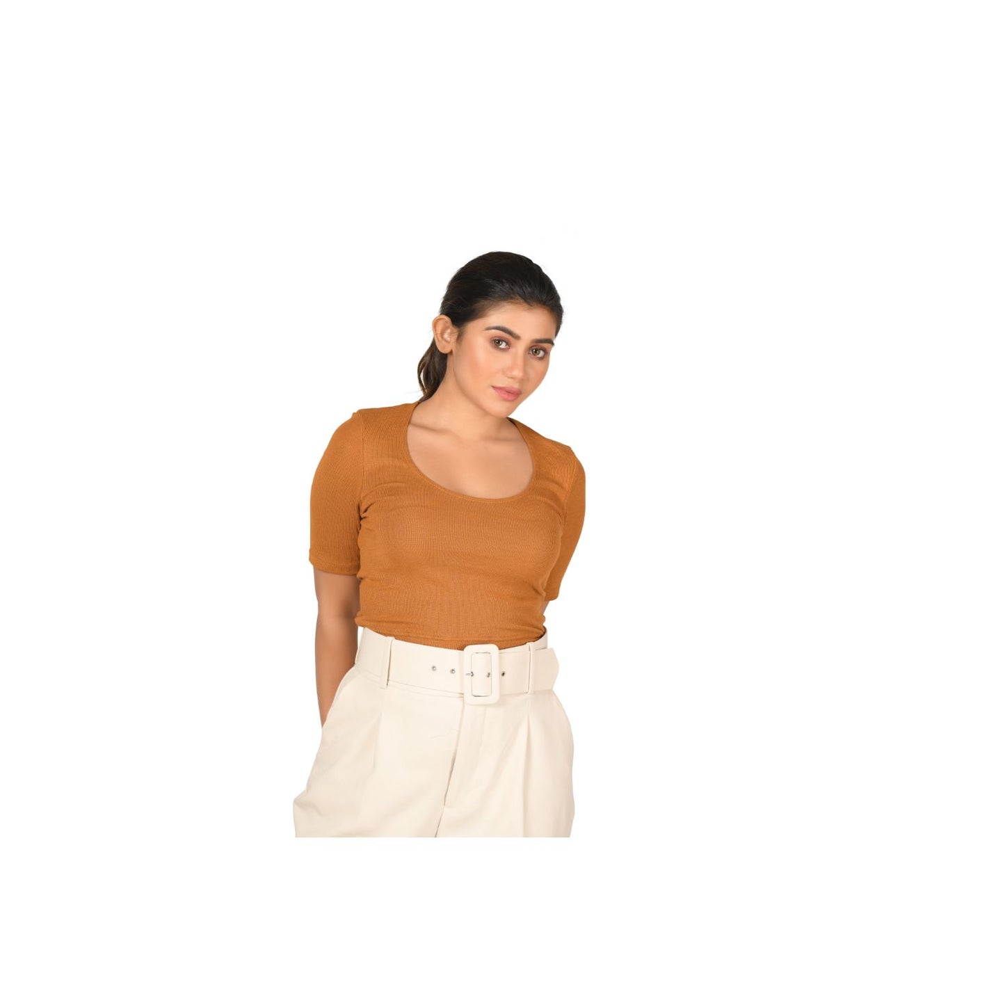 Hosiery Blouse- Regular Deep Round Neck - Mustard - Blouse featured