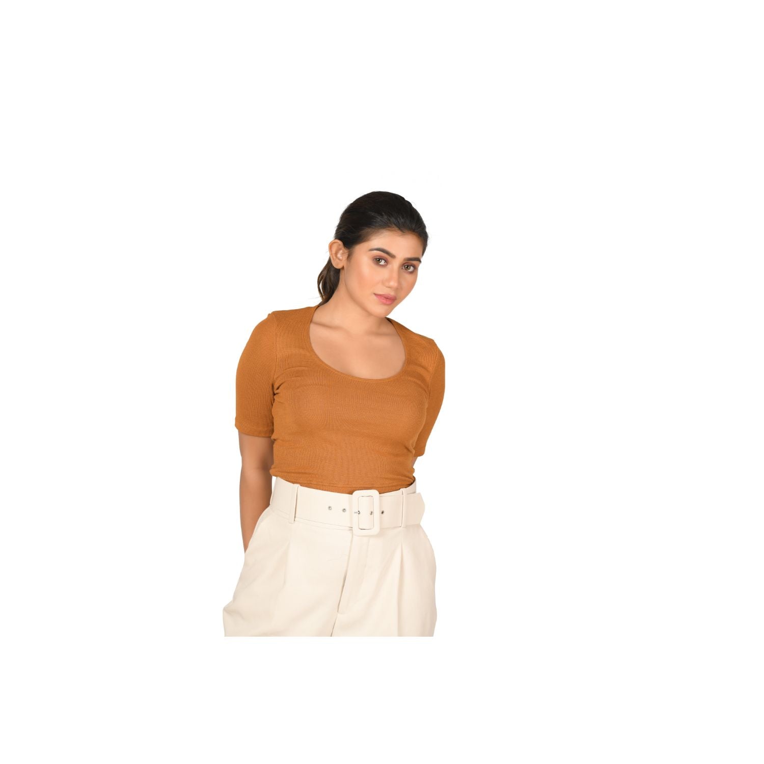 Hosiery Blouse- Regular Deep Round Neck - Mustard - Blouse featured