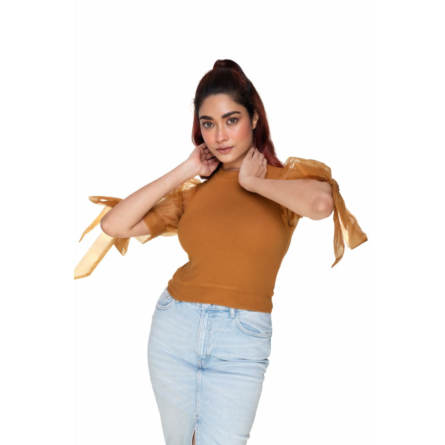 Hosiery Blouses- Bow Tie Up Sleeves - Mustard - Blouse featured