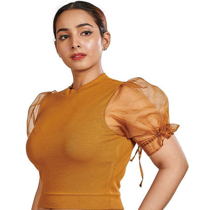 Hosiery Blouses with Puffy Organza Sleeves - Mustard - Blouse featured