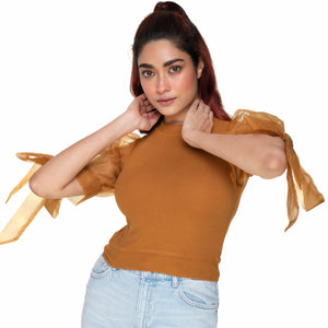 Hosiery Blouses- Bow Tie Up Sleeves - Mustard - Blouse featured