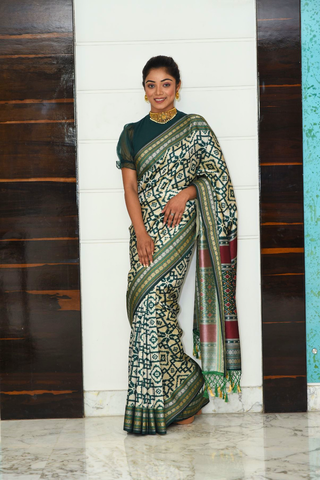 Green patola silk saree with Ikkat Pattern Saree