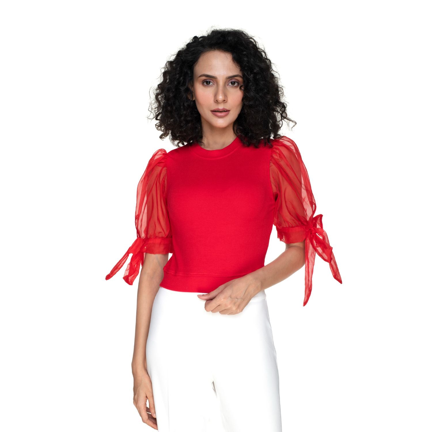 Hosiery Blouses- Bow Tie Up Sleeves - Red - Blouse featured
