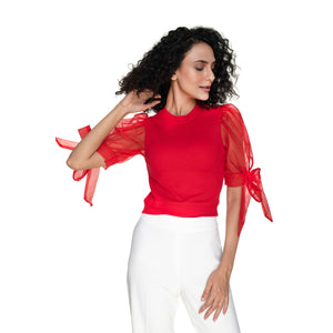Hosiery Blouses- Bow Tie Up Sleeves - Red - Blouse featured