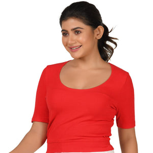 Hosiery Blouse- Regular Deep Round Neck - Red - Blouse featured