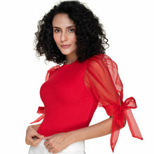 Load image into Gallery viewer, Hosiery Blouses- Bow Tie Up Sleeves - Red - Blouse featured