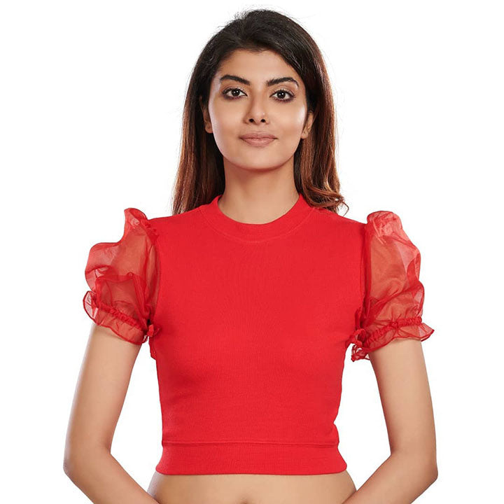 Hosiery Blouses with Puffy Organza Sleeves - Red - Blouse featured