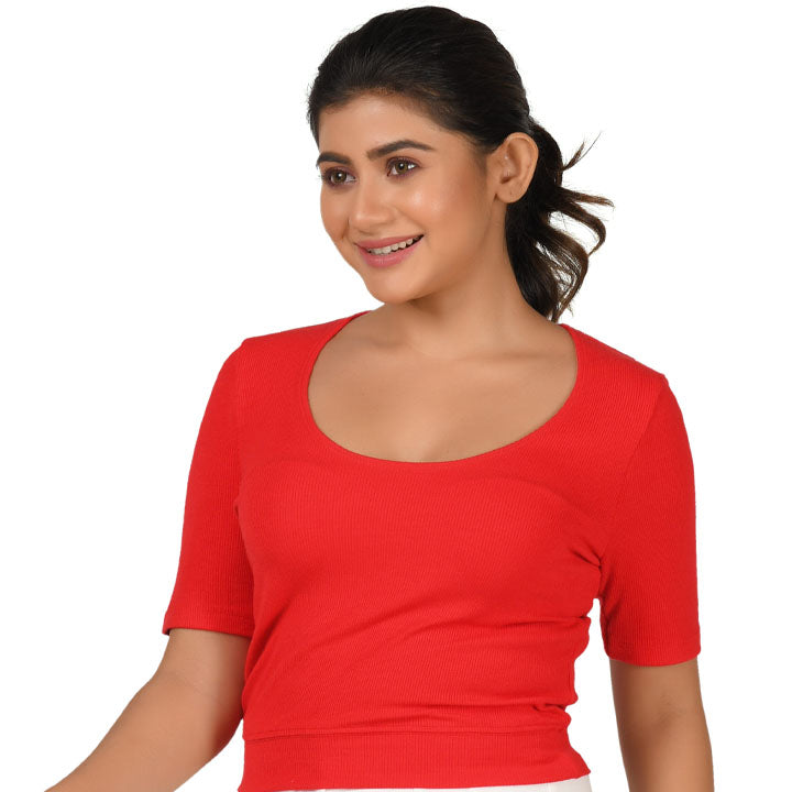 Hosiery Blouse- XXL Deep Round Neck (Elbow Sleeves) Blouse