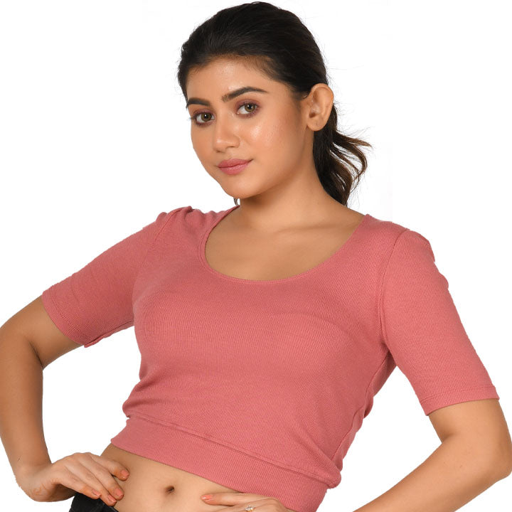 Hosiery Blouse- Regular Deep Round Neck - Rose Pink - Blouse featured