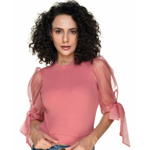 Hosiery Blouses- Bow Tie Up Sleeves - Rose Pink - Blouse featured