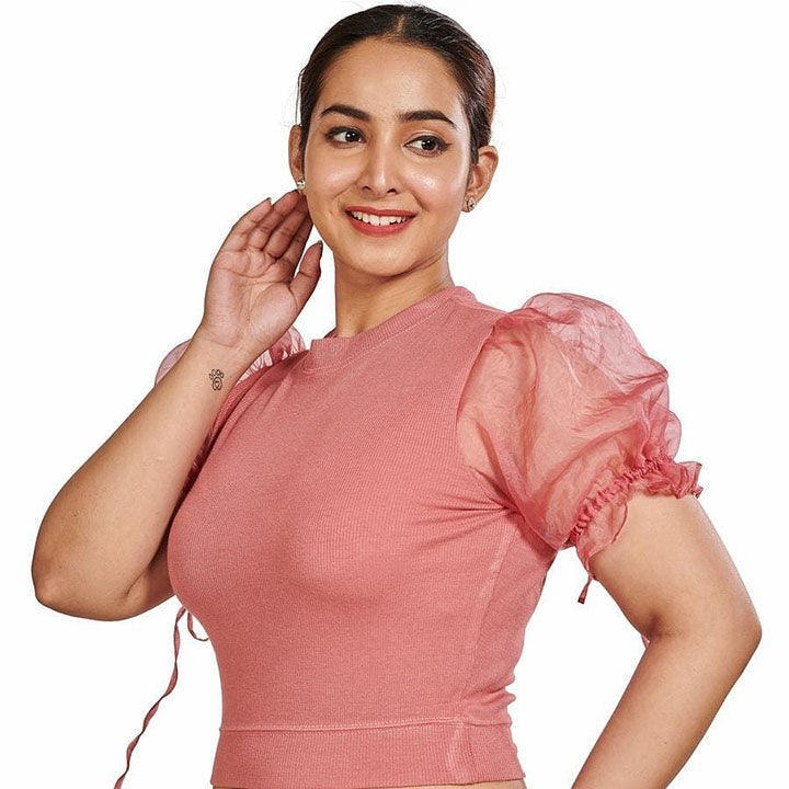 Hosiery Blouses with Puffy Organza Sleeves - Rose Pink - Blouse featured