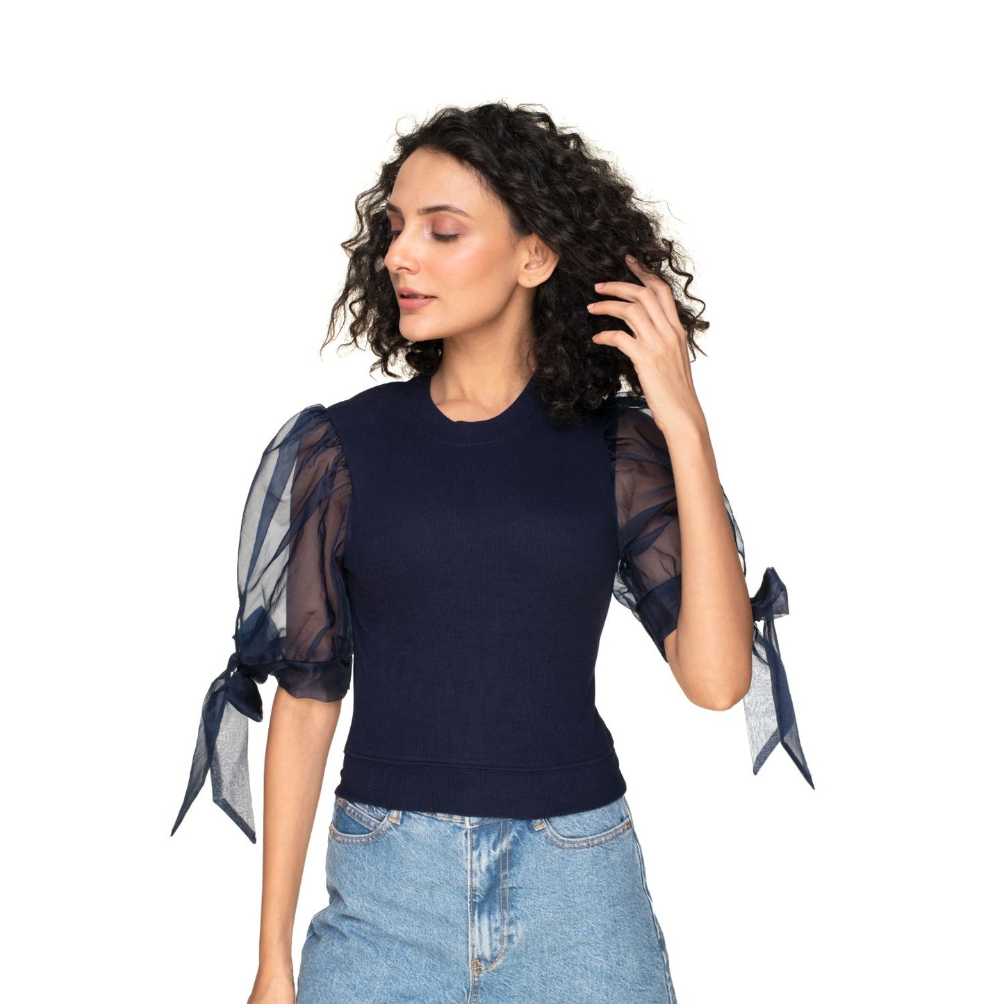 Hosiery Blouses- Bow Tie Up Sleeves - Royal Blue - Blouse featured