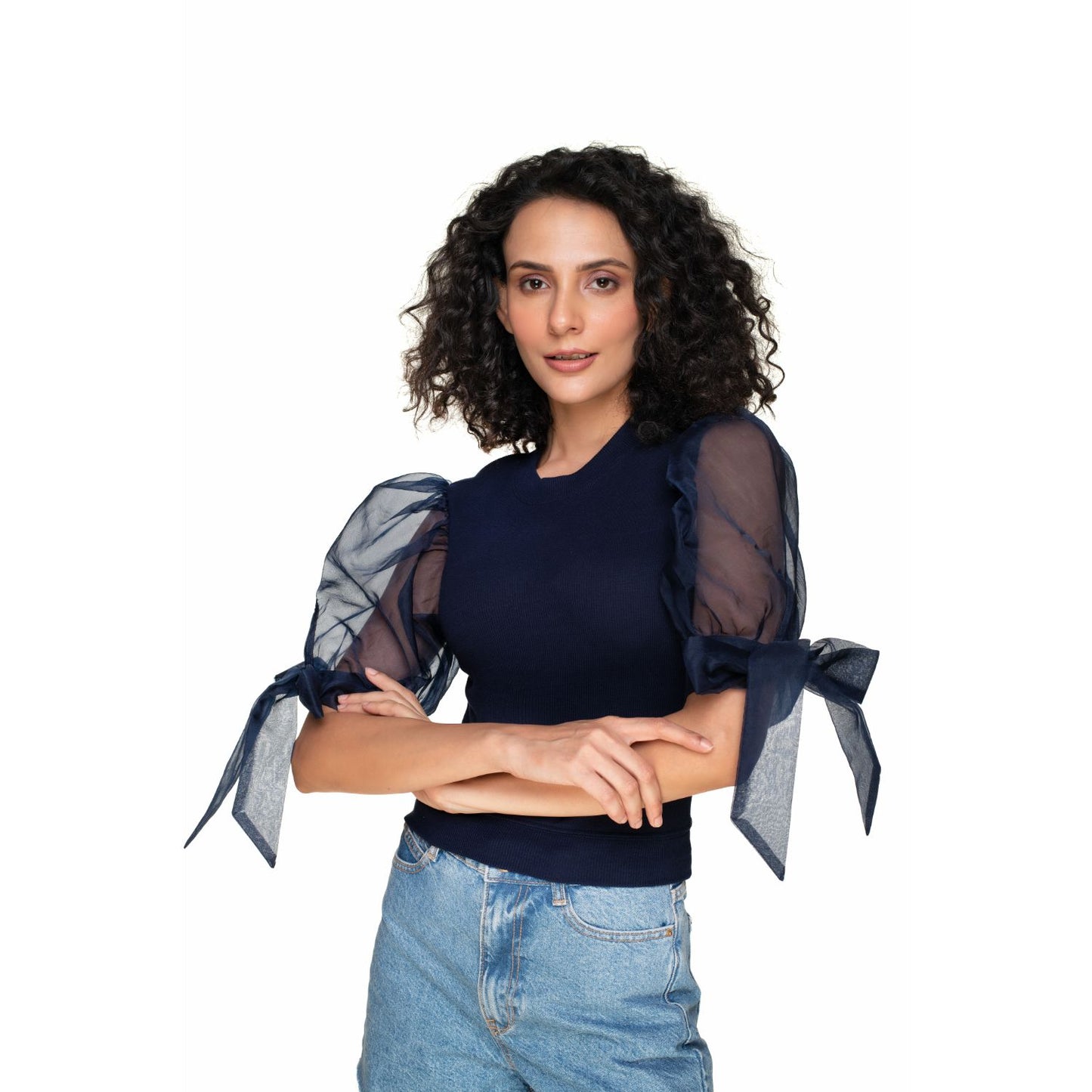 Hosiery Blouses- Bow Tie Up Sleeves - Royal Blue - Blouse featured