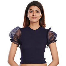 Load image into Gallery viewer, Hosiery Blouses with Puffy Organza Sleeves - Royal Blue - Blouse featured