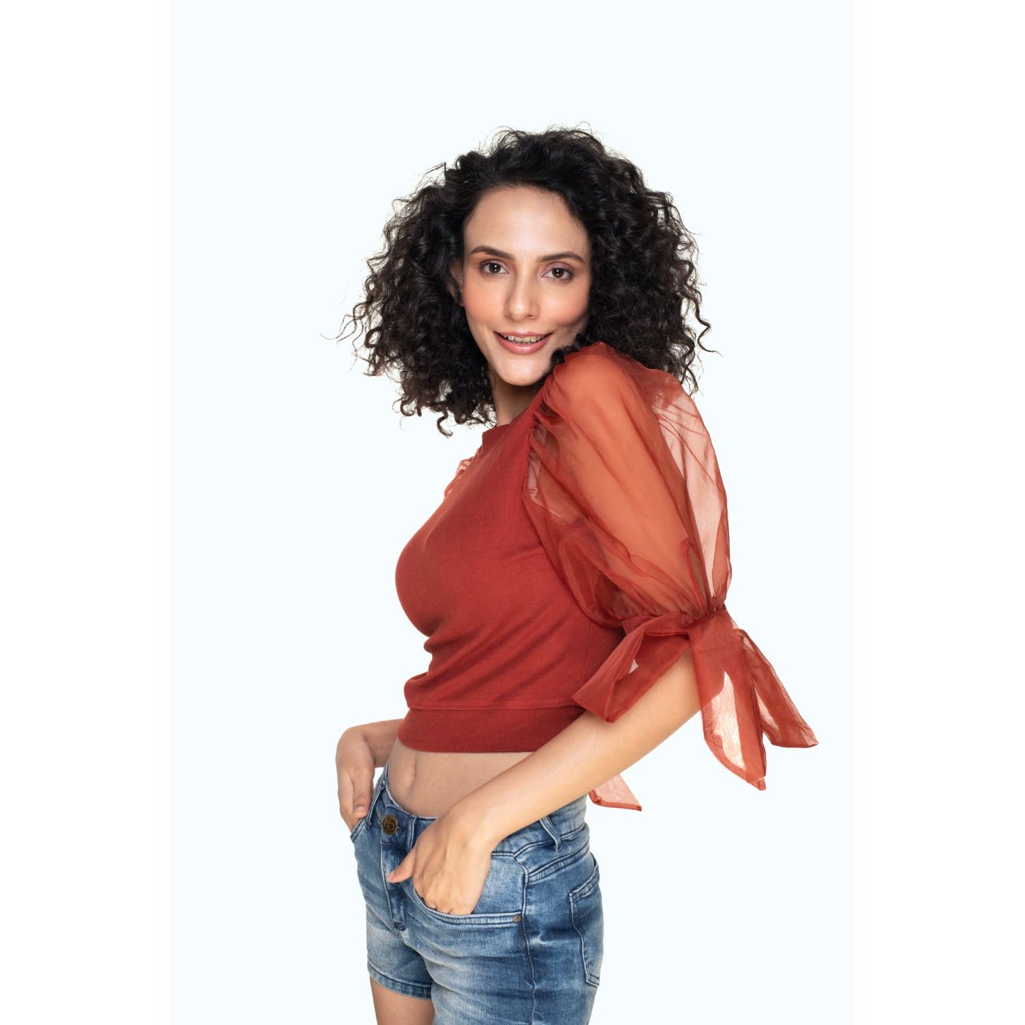 Hosiery Blouses- Bow Tie Up Sleeves - Rust - Blouse featured