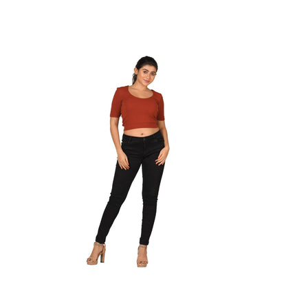 Hosiery Blouse- Regular Deep Round Neck - Rust - Blouse featured