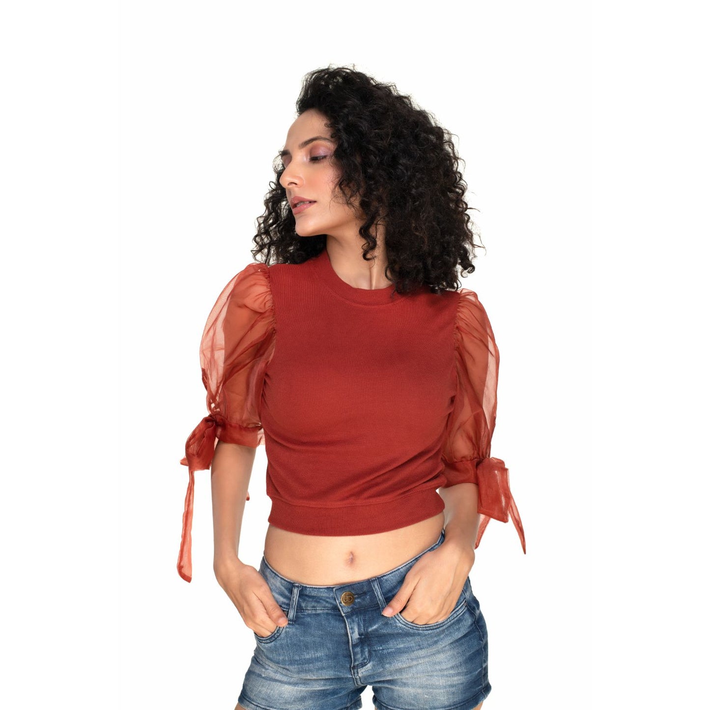 Hosiery Blouses- Bow Tie Up Sleeves - Rust - Blouse featured