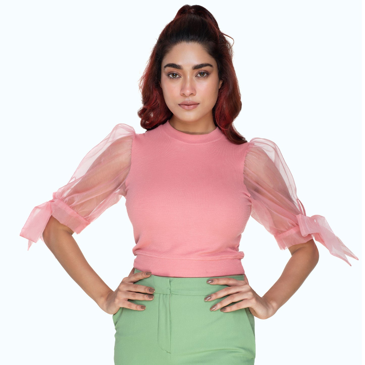Hosiery Blouses- Bow Tie Up Sleeves - Sakura Pink - Blouse featured