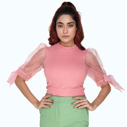 Hosiery Blouses- Bow Tie Up Sleeves - Sakura Pink - Blouse featured