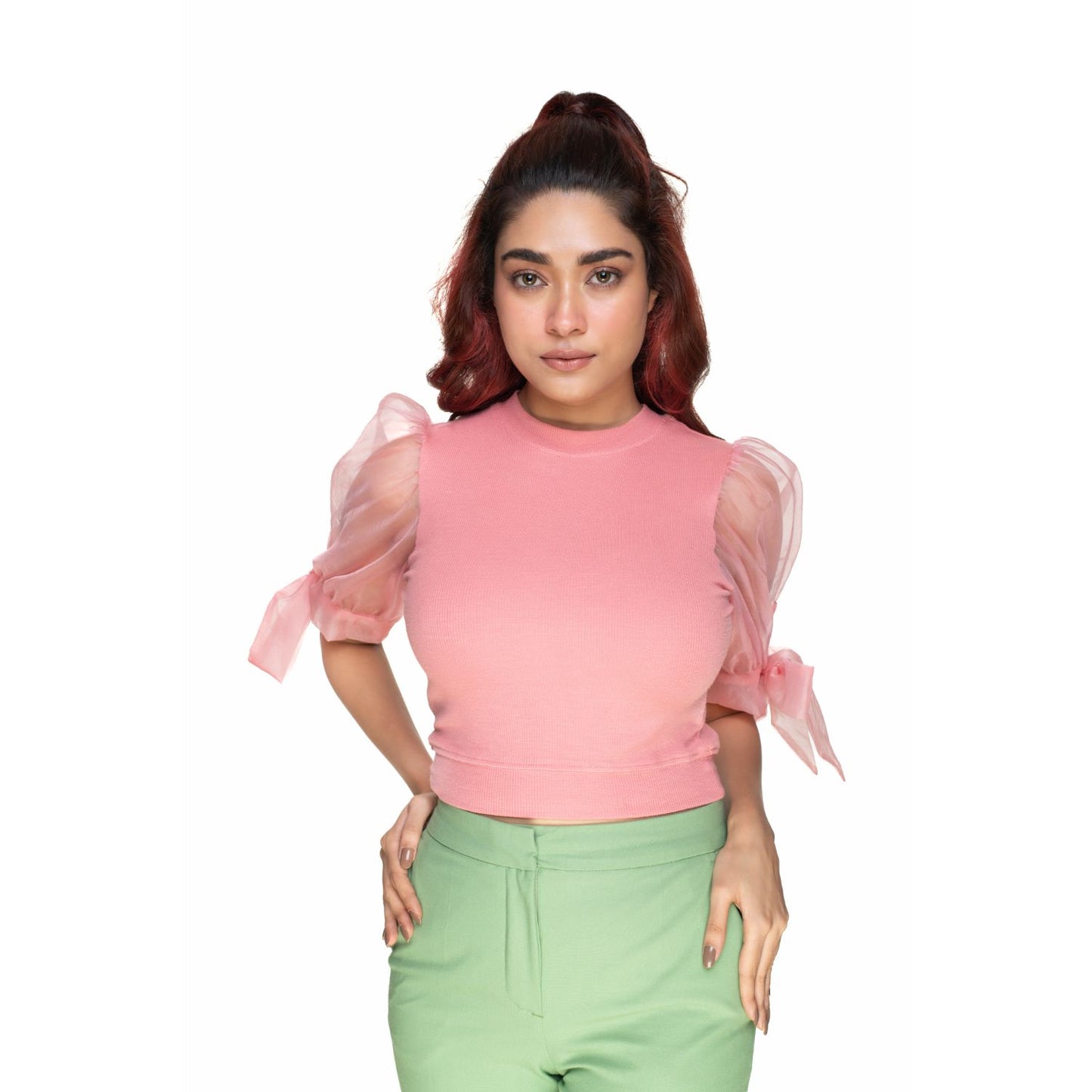 Hosiery Blouses- Bow Tie Up Sleeves - Sakura Pink - Blouse featured