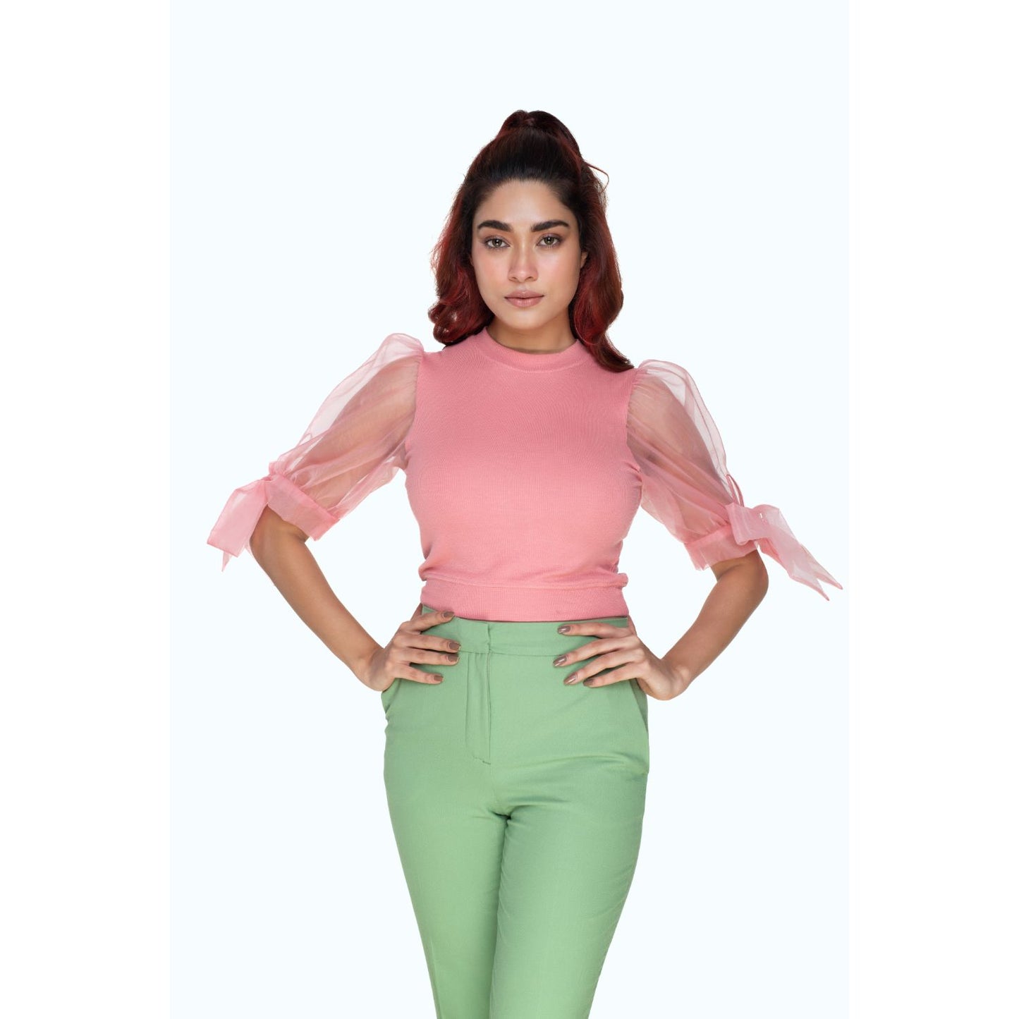 Hosiery Blouses- Bow Tie Up Sleeves - Sakura Pink - Blouse featured