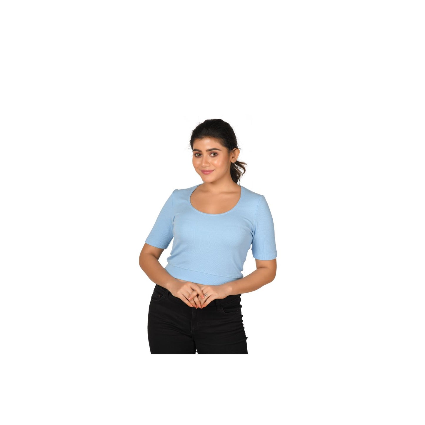 Hosiery Blouse- Regular Deep Round Neck - Sky Blue - Blouse featured