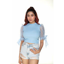 Load image into Gallery viewer, Hosiery Blouses- Bow Tie Up Sleeves - Sky Blue - Blouse featured
